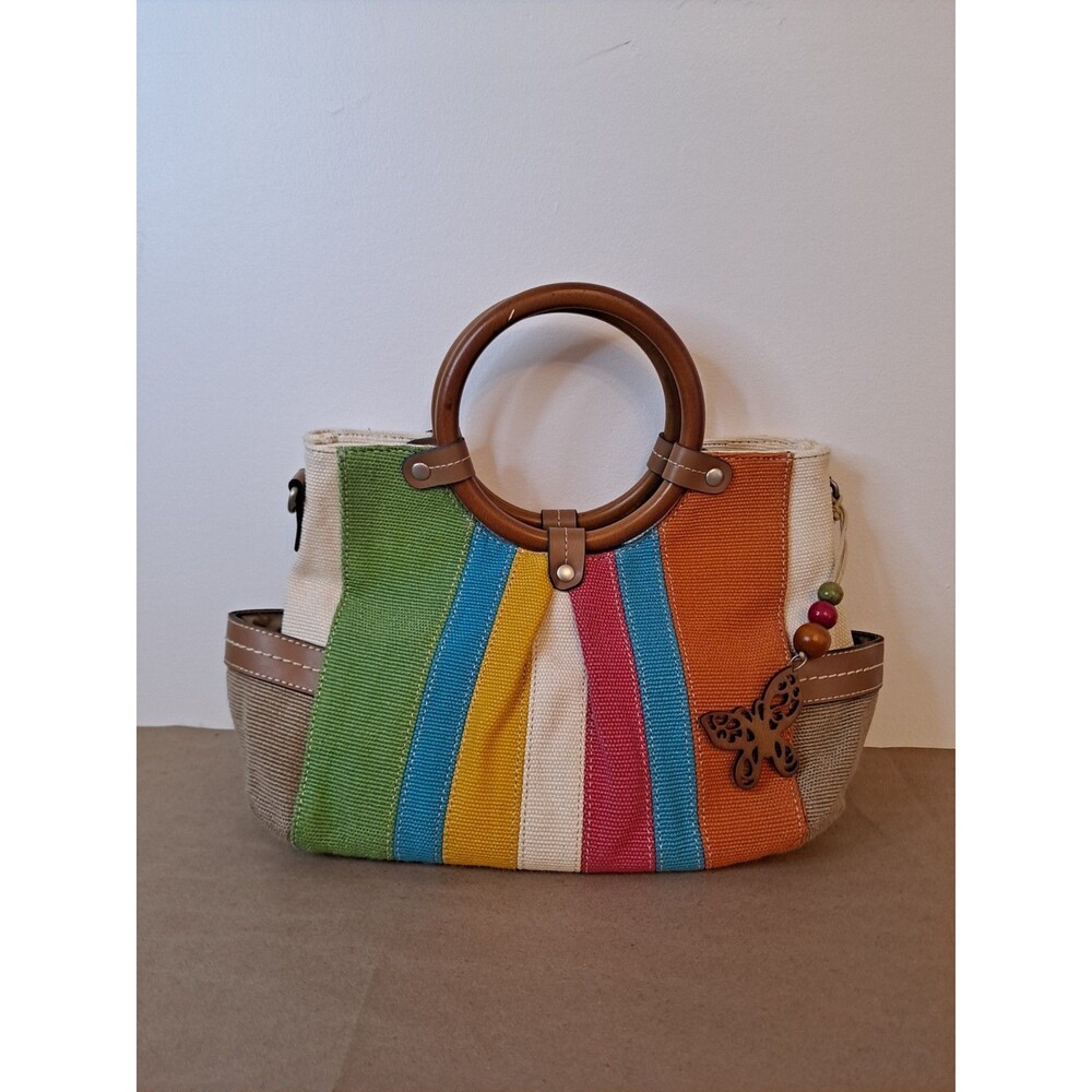 Relic Vintage Handbag Rainbow Color Stripes Wooden Handle Crossbody Strap Purse